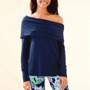Lilly Pulitzer Belinda Off the Shoulder Pulover Top Size Medium Navy Blue Preppy